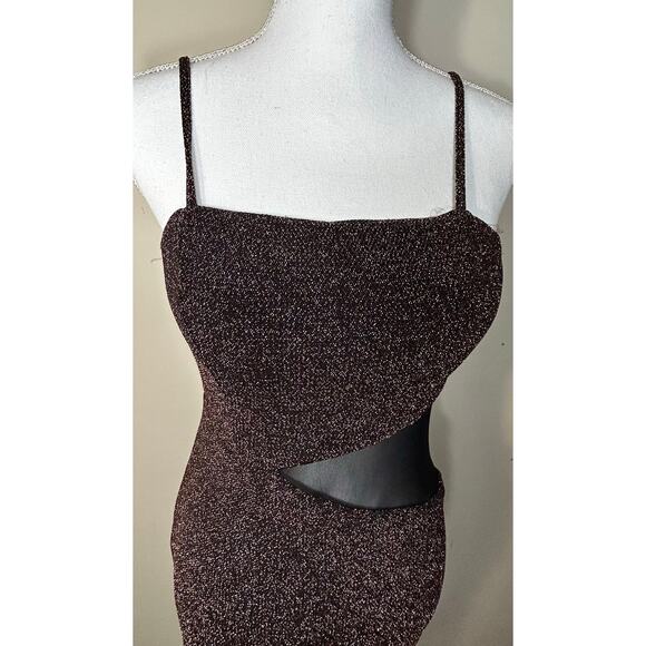 Trixxi Brown/Copper Shimmer Mini dress Size M With Mesh Side Detail - Picture 2 of 11